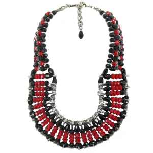 #1102n Red, Black, Silver Tone Safety Pin Bib Necklace