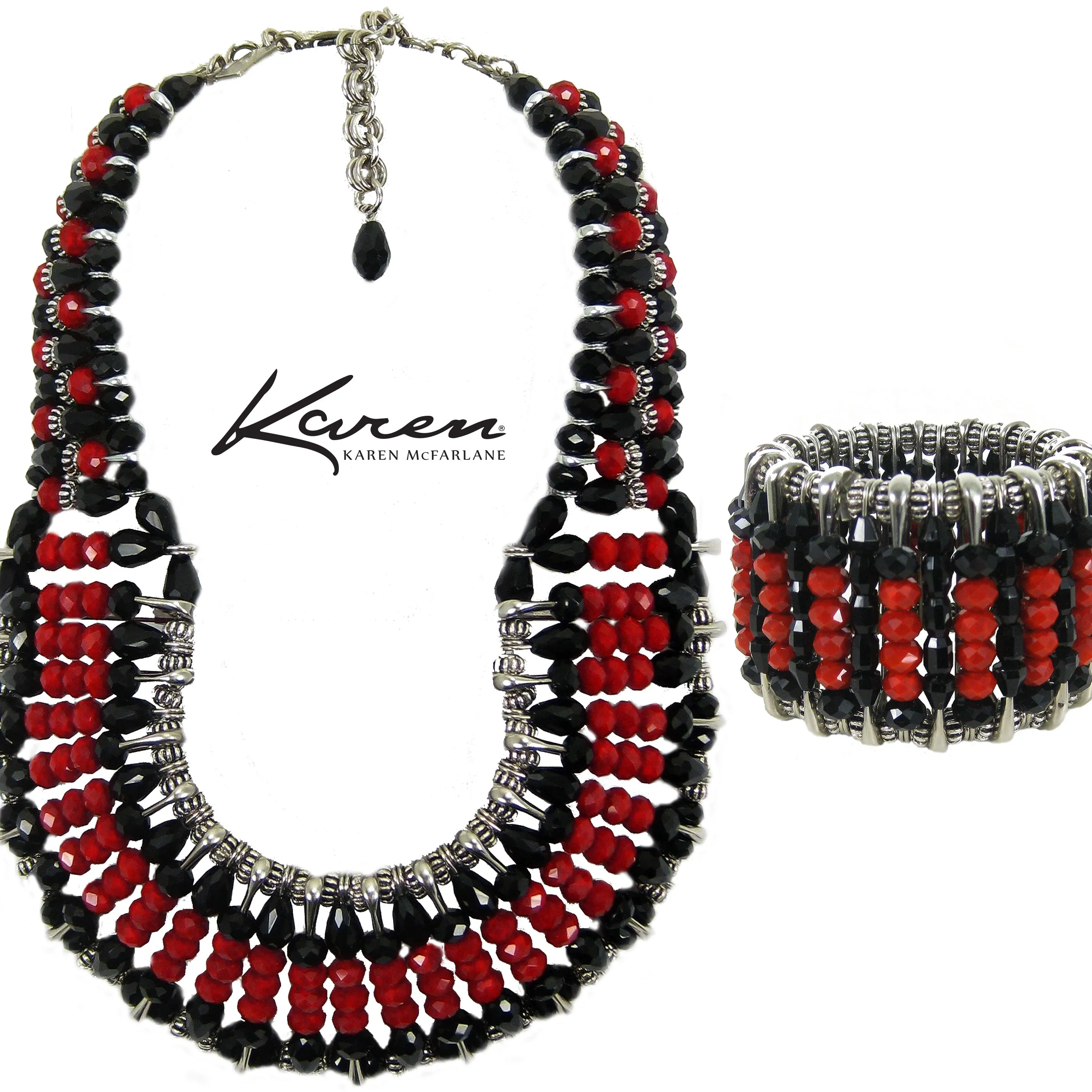 #1102n Red, Black, Silver Tone Safety Pin Bib Necklace