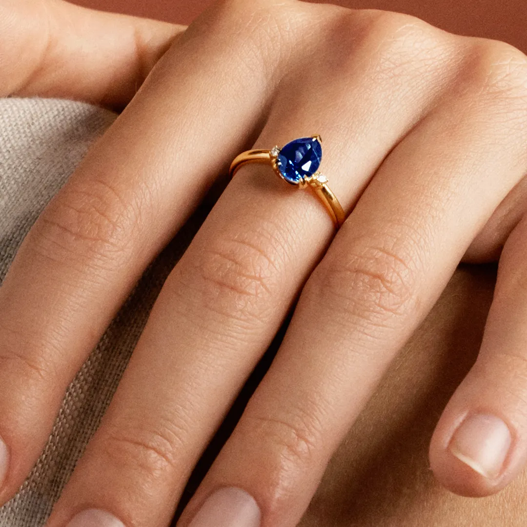 1.48ct TW Created Sapphire & Diamond Pear Ring in 9ct Yellow Gold