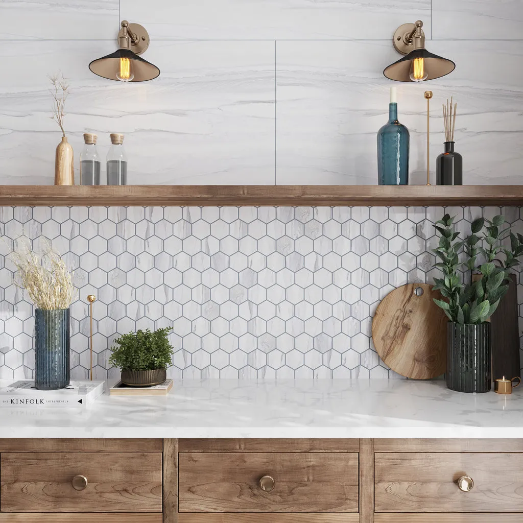 9 pack Splendor 8.86 in. x 12.8 in. Polished White Porcelain Hexagon Wall and Floor Tile (7.09 sq ft/case) - Sample