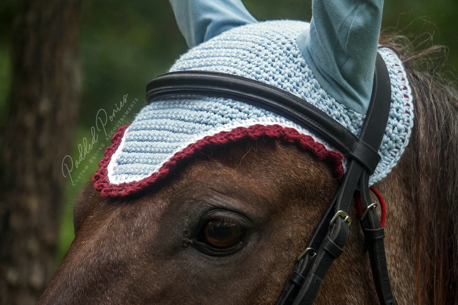 Baby Blue, White, and Burgundy Fly Bonnet Horse Size