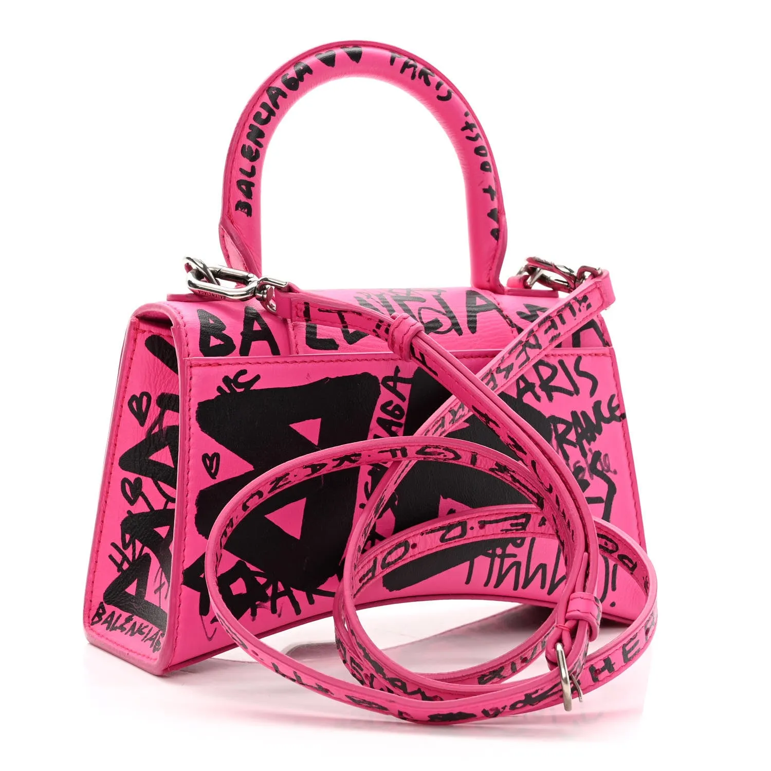 BALENCIAGA HOURGLASS XS  GRAFFITI PRINTED CALFSKIN TOP HANDLE BAG