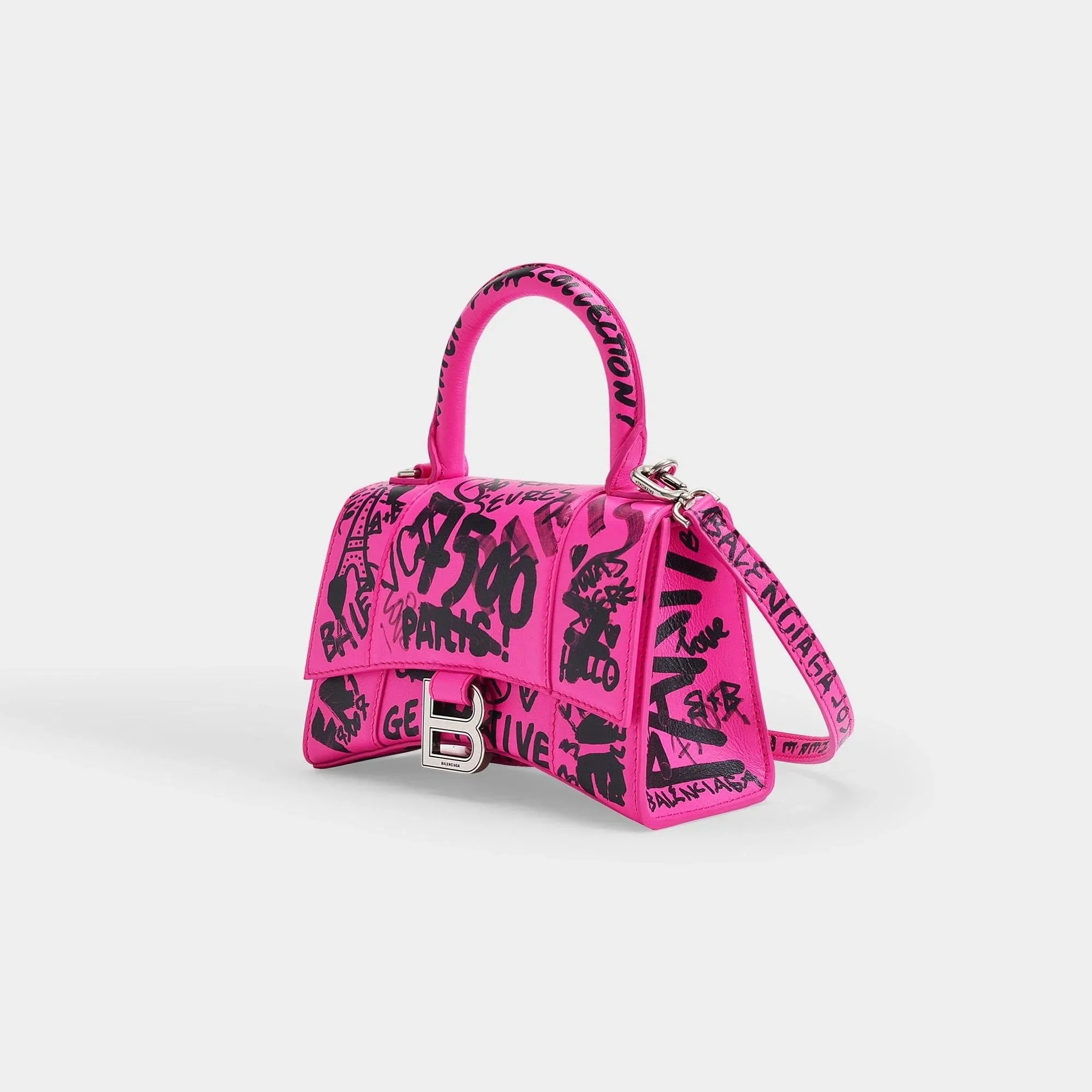 BALENCIAGA HOURGLASS XS  GRAFFITI PRINTED CALFSKIN TOP HANDLE BAG