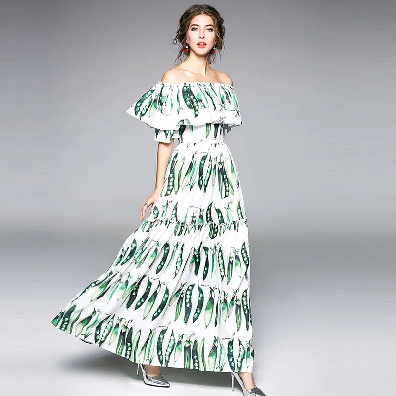 Beans Print Off Shoulder Ruffle Long Dress