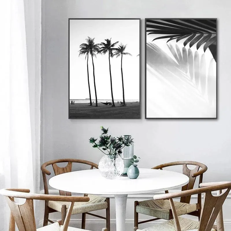 Black and White Seascape Surfing Canvas Print | Beach Girl Surfboard Painting | Tropical Palm Landscape Wall Art for Home Décor