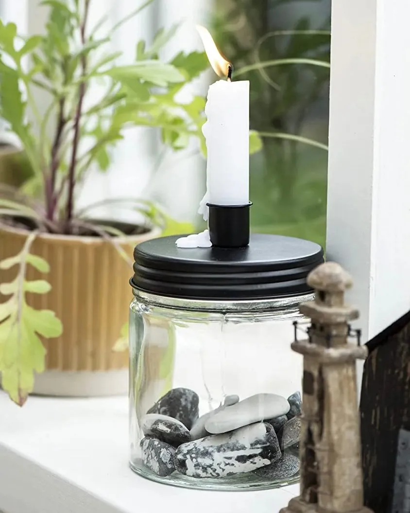 Black Glass And Metal Dinner Candle Storage Jar And Holder