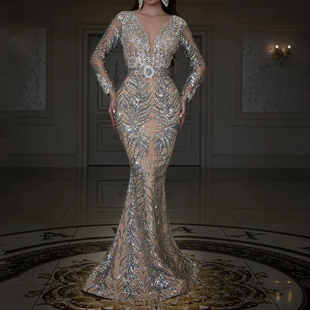 Bohemian Chic Wedding Guest Dress Gilding Long Sleeve Slim Sexy Dress Evening Dress