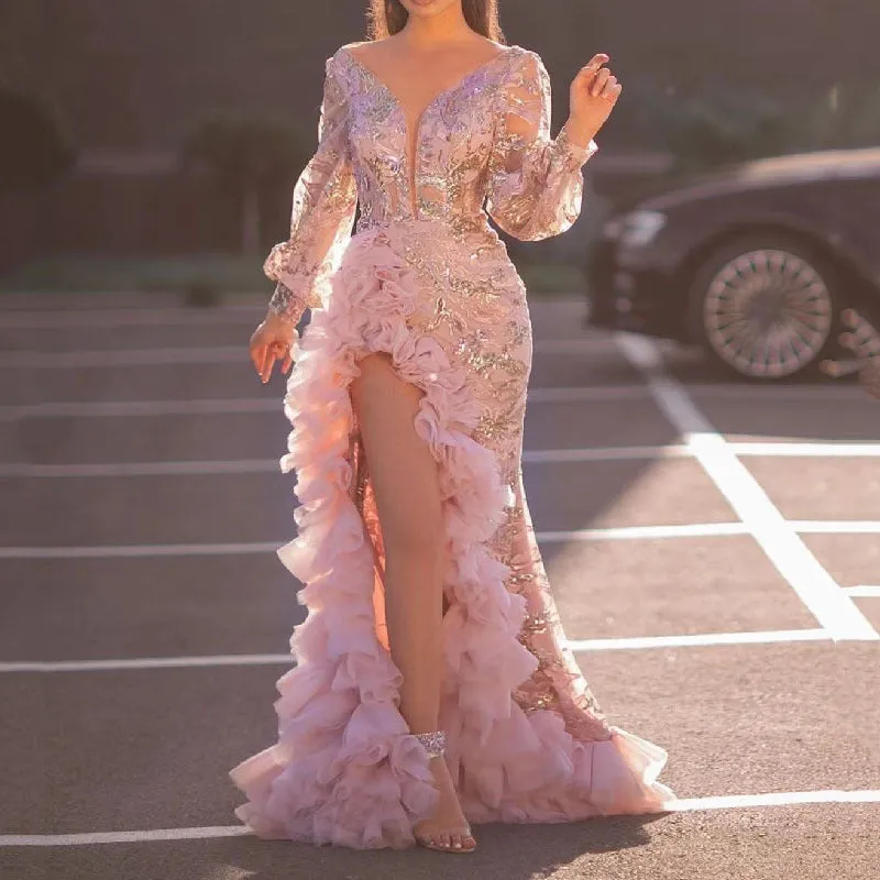 Bohemian Chic Wedding Guest Dress Sexy Hip Tail Sequin Pink Long Mesh Evening Dress
