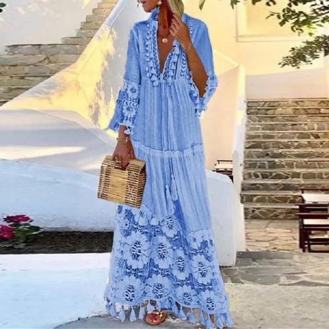 Butterfly Sleeve V-Neck Cotton-Poly Blend Boho Style Maxi Dress