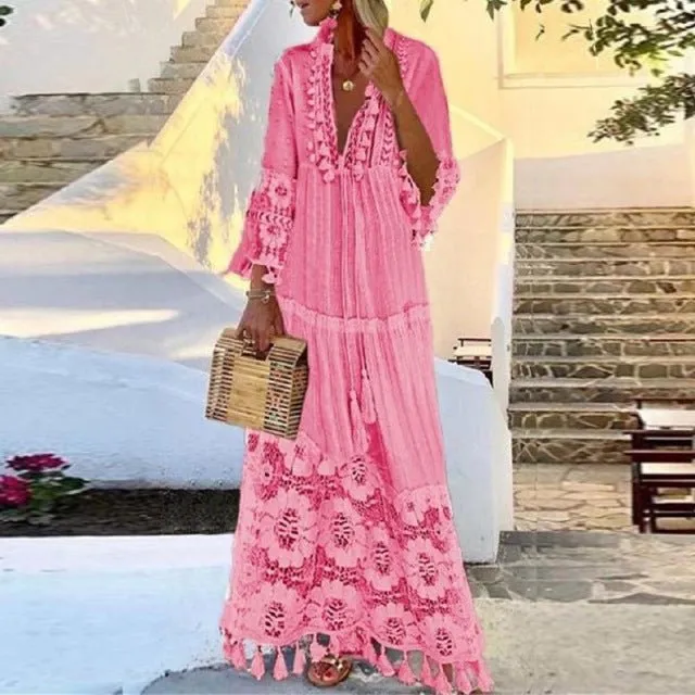 Butterfly Sleeve V-Neck Cotton-Poly Blend Boho Style Maxi Dress