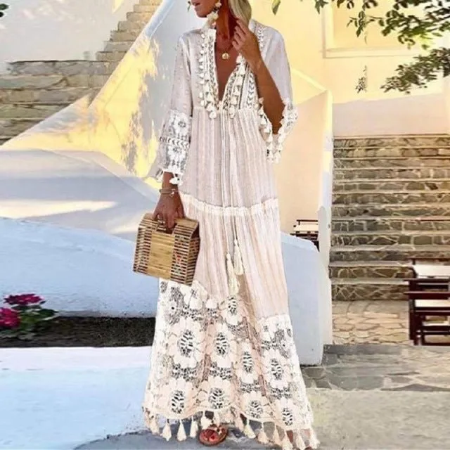 Butterfly Sleeve V-Neck Cotton-Poly Blend Boho Style Maxi Dress
