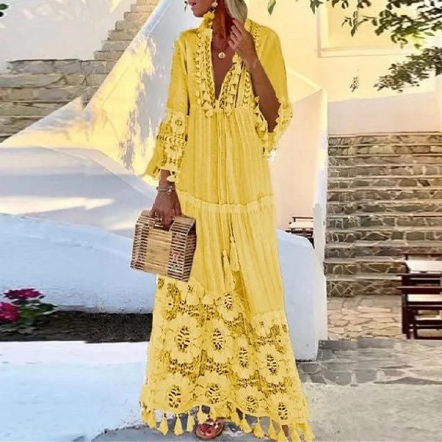 Butterfly Sleeve V-Neck Cotton-Poly Blend Boho Style Maxi Dress