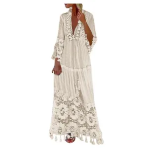 Butterfly Sleeve V-Neck Cotton-Poly Blend Boho Style Maxi Dress