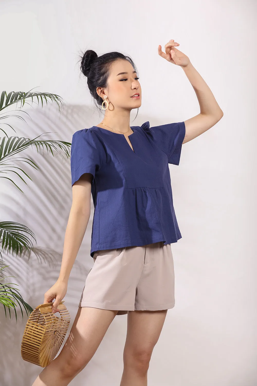 Cady Ruffle Linen Top in Navy Blue