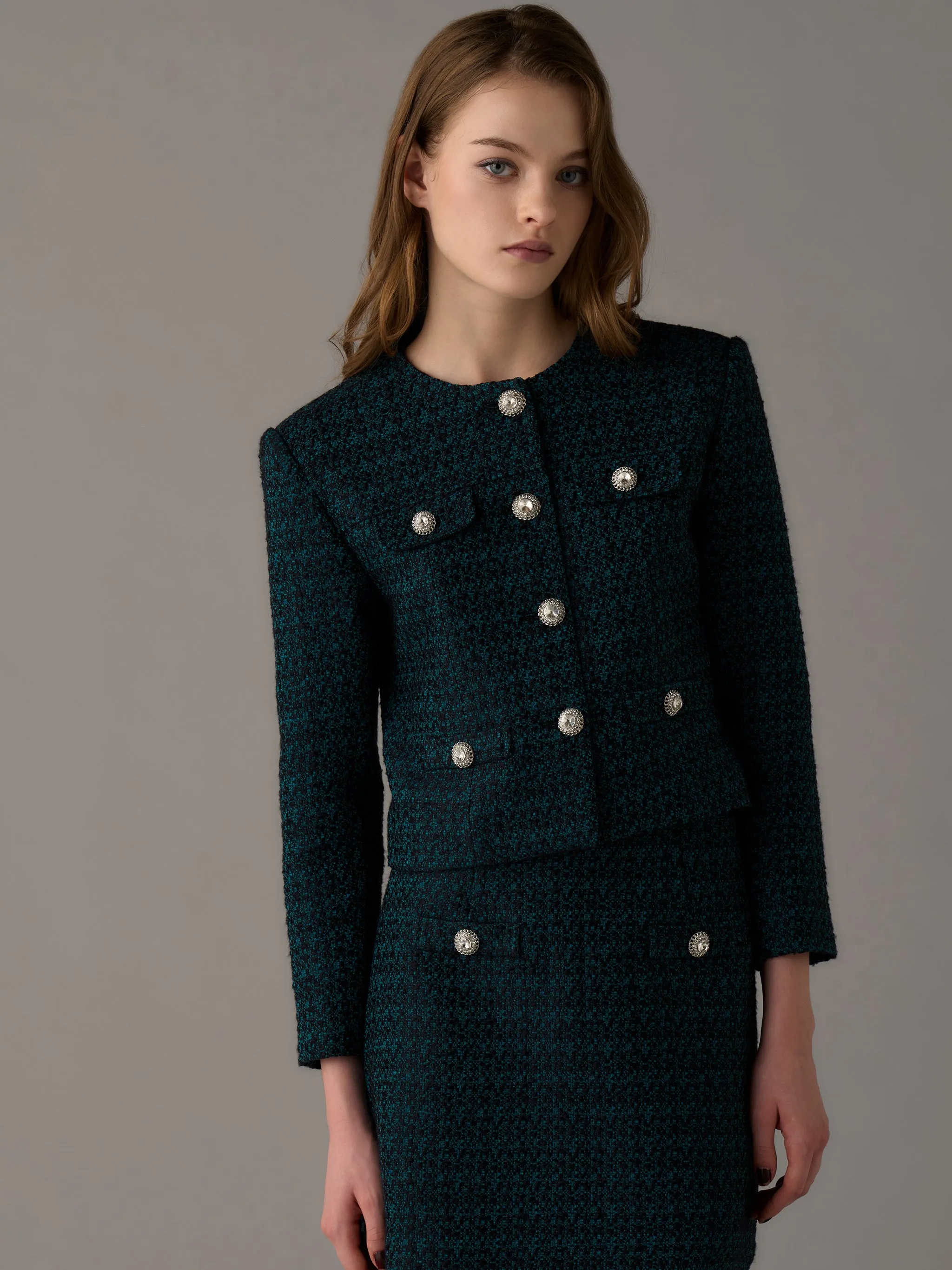 Chic Collarless Tweed Jacket
