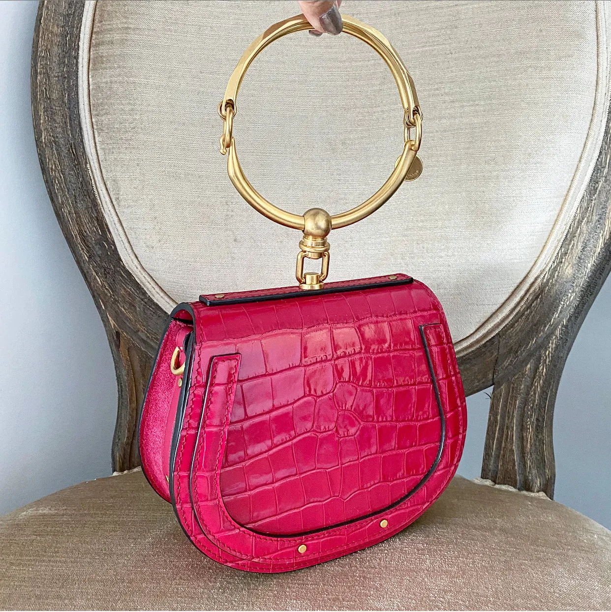 Chloe Small Cherry Pink Fuchsia Croc Embossed Nile Bracelet Bag