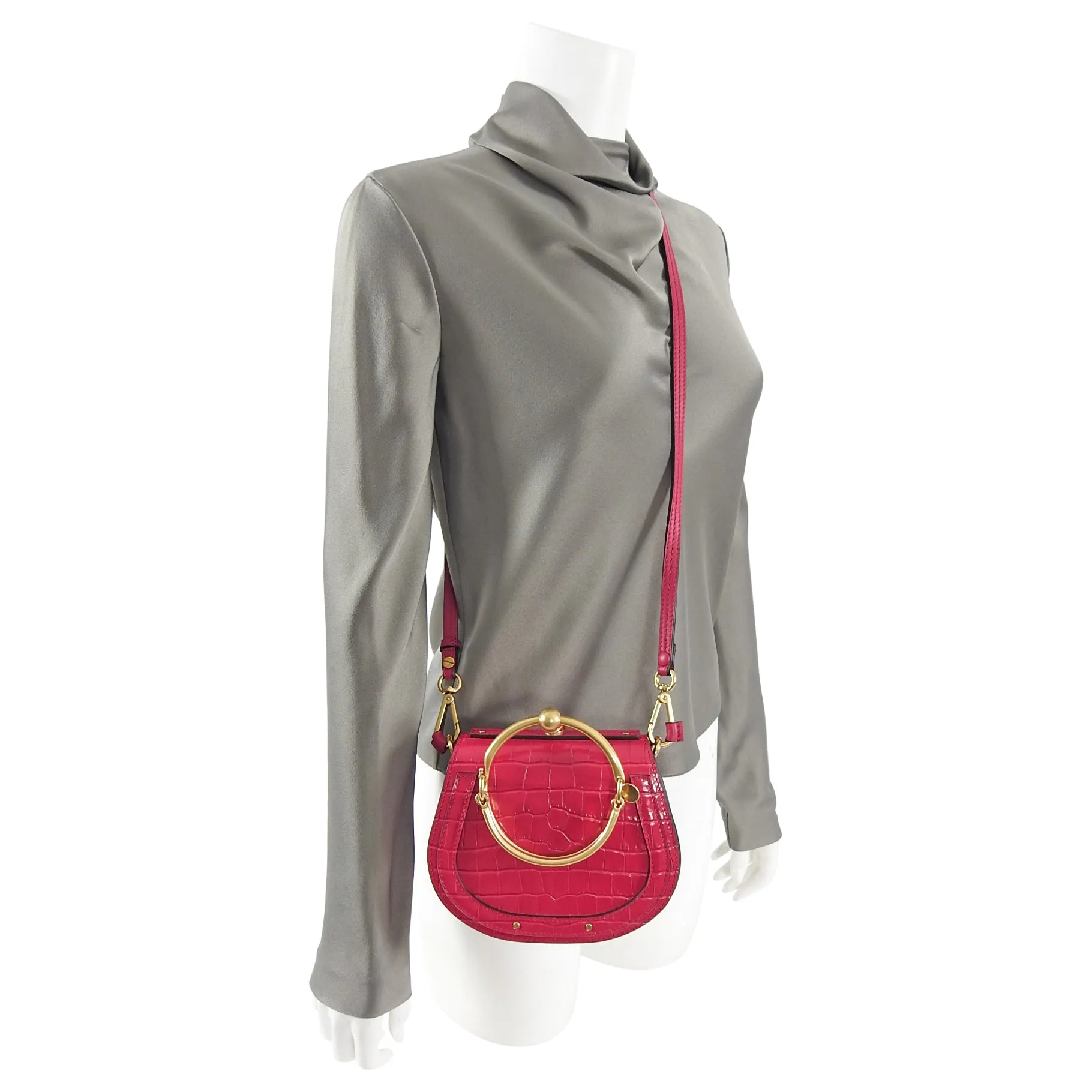 Chloe Small Cherry Pink Fuchsia Croc Embossed Nile Bracelet Bag