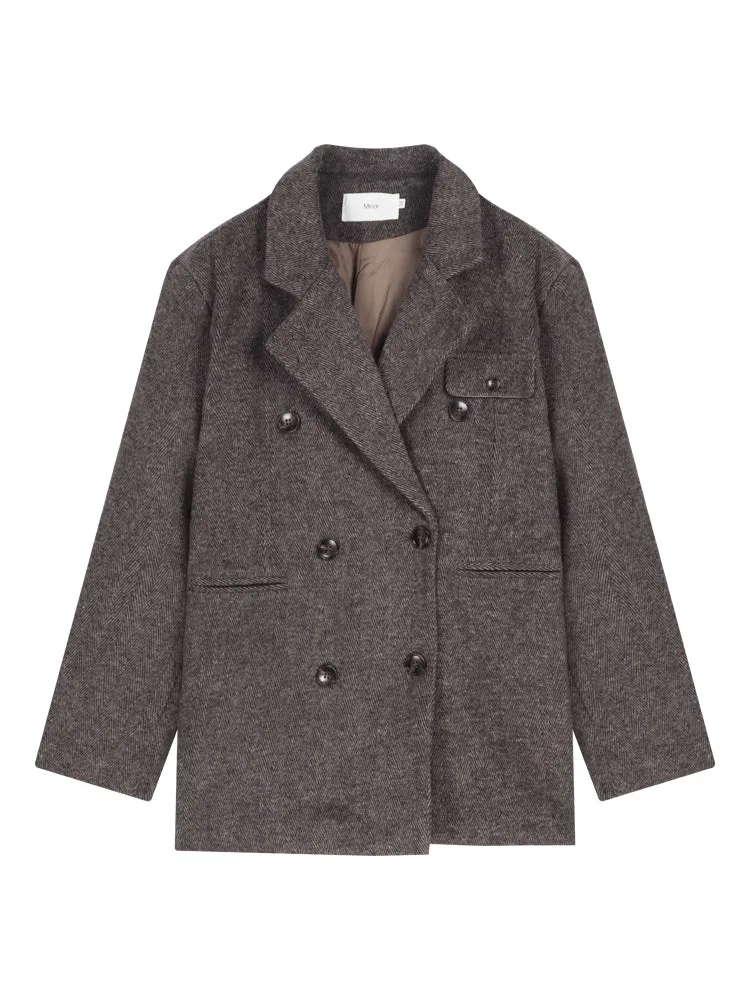 Coffee Brown Chic Autumn Winter Woolen Herringbone Jacket