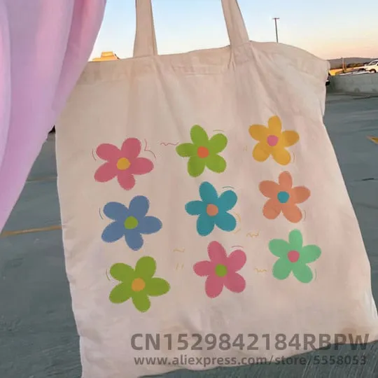 Cyflymder Retro Flower Power Y2K Floral Women Canvas Tote Bag Girl Reusable Shopper Foldable Ecobag Aesthetic Student Book Handbags