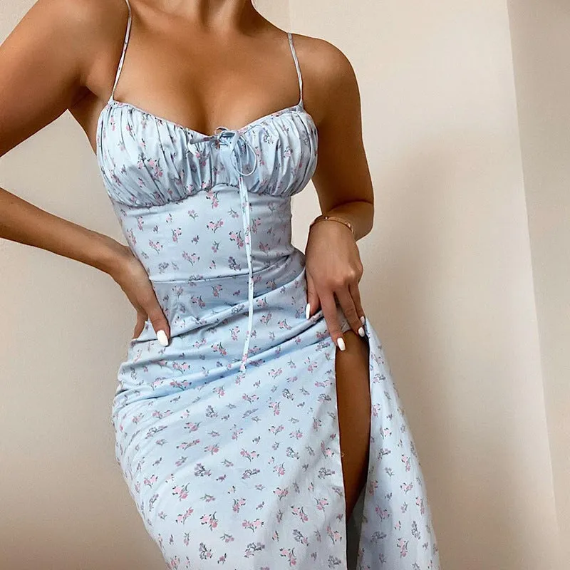 DUNNMALL  European and American  Cross-Border Summer Explosion New Product Women's Sling Floral Split Dress Sexy Floral Skirt