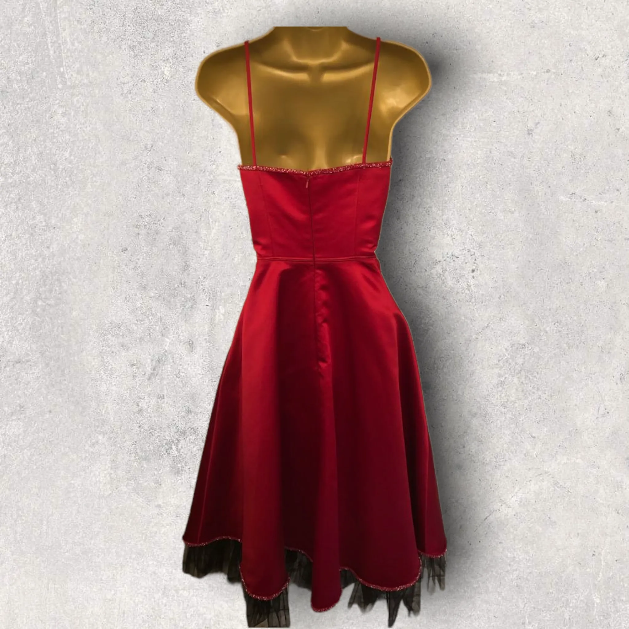 D'Zage Women's Red Duchess Satin & Black Net Dress UK 12 US 8 EU 40