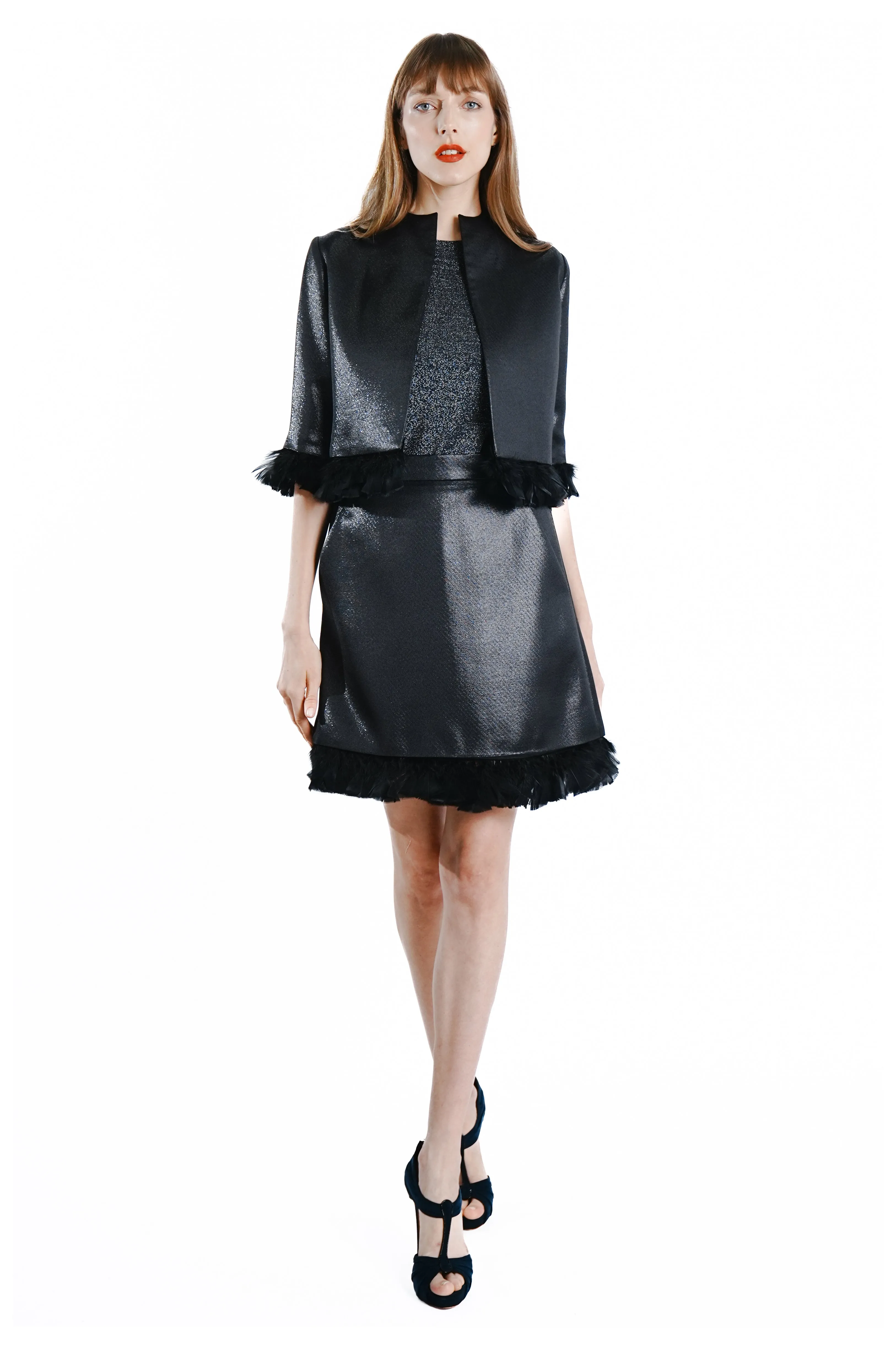Eizelle Lurex Skirt with Feather Trim