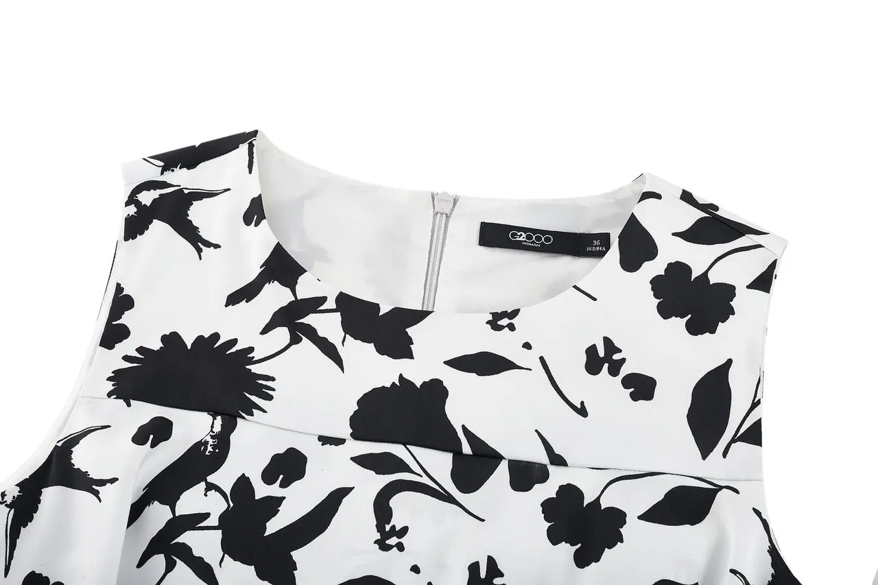 Fit & Flare Monochrome Tropical Print Dress