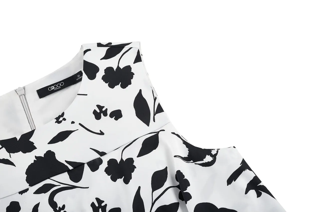 Fit & Flare Monochrome Tropical Print Dress