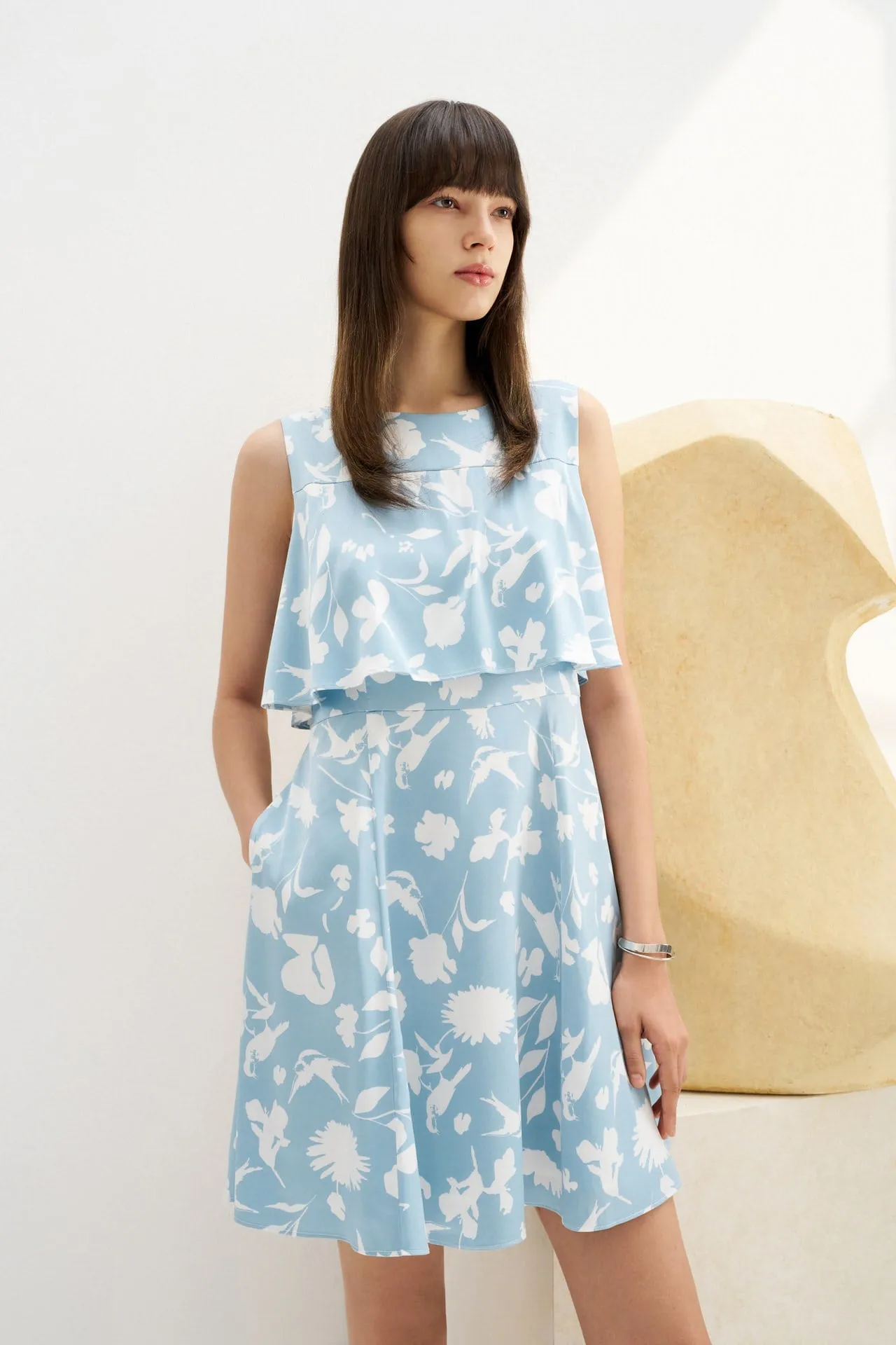 Fit & Flare Monochrome Tropical Print Dress