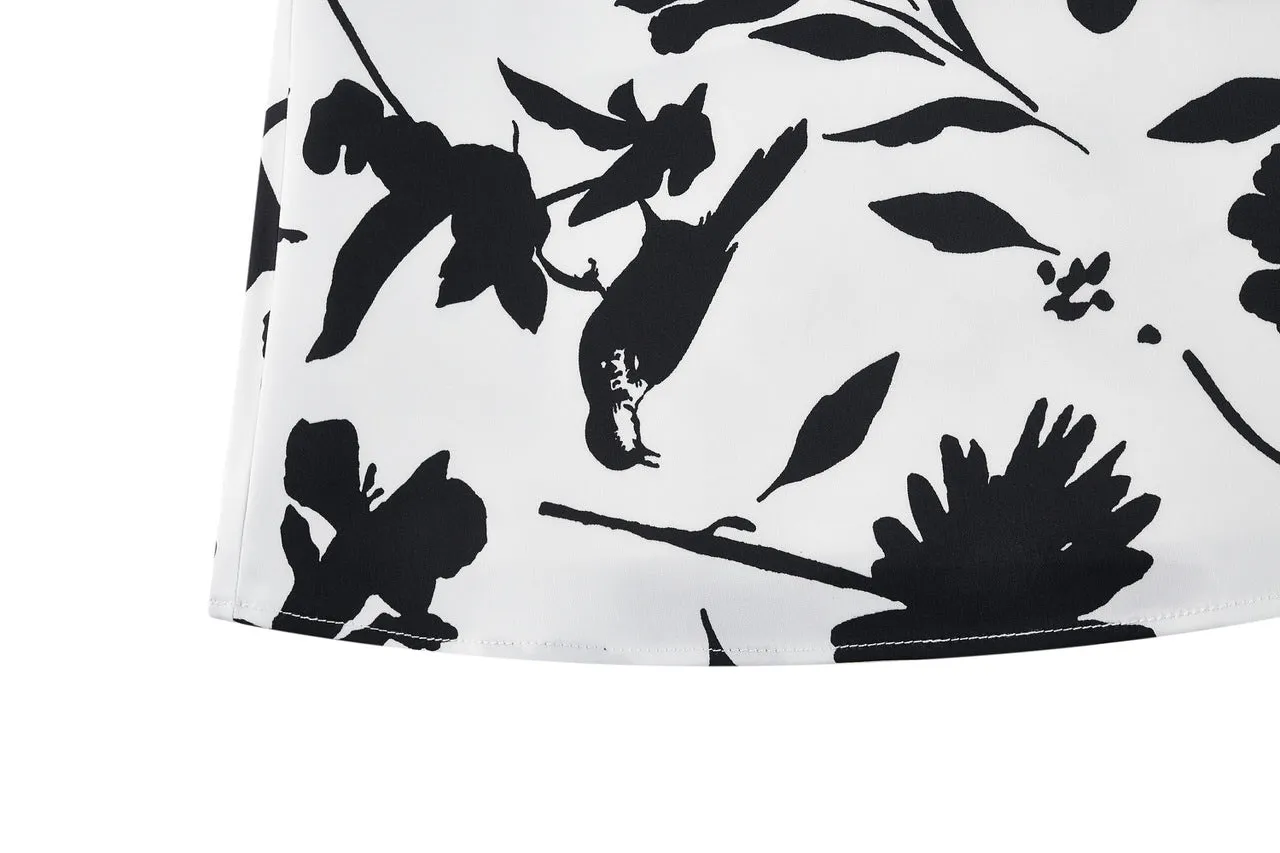 Fit & Flare Monochrome Tropical Print Dress