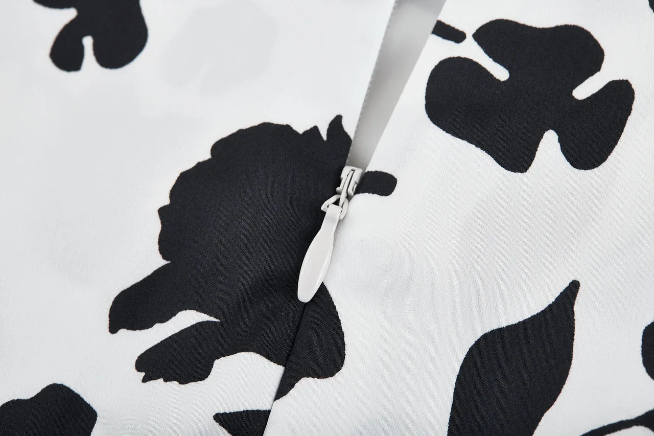 Fit & Flare Monochrome Tropical Print Dress