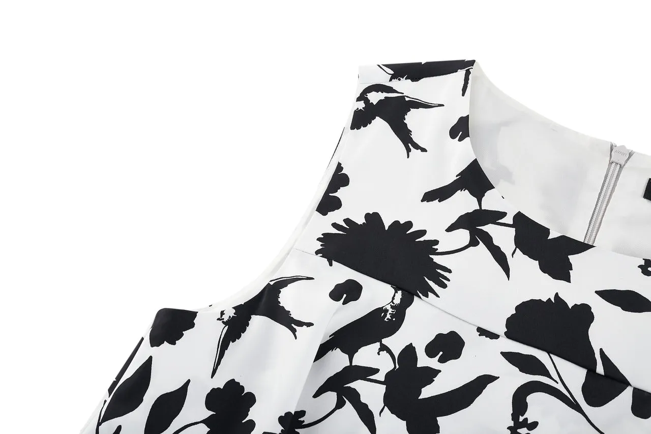 Fit & Flare Monochrome Tropical Print Dress
