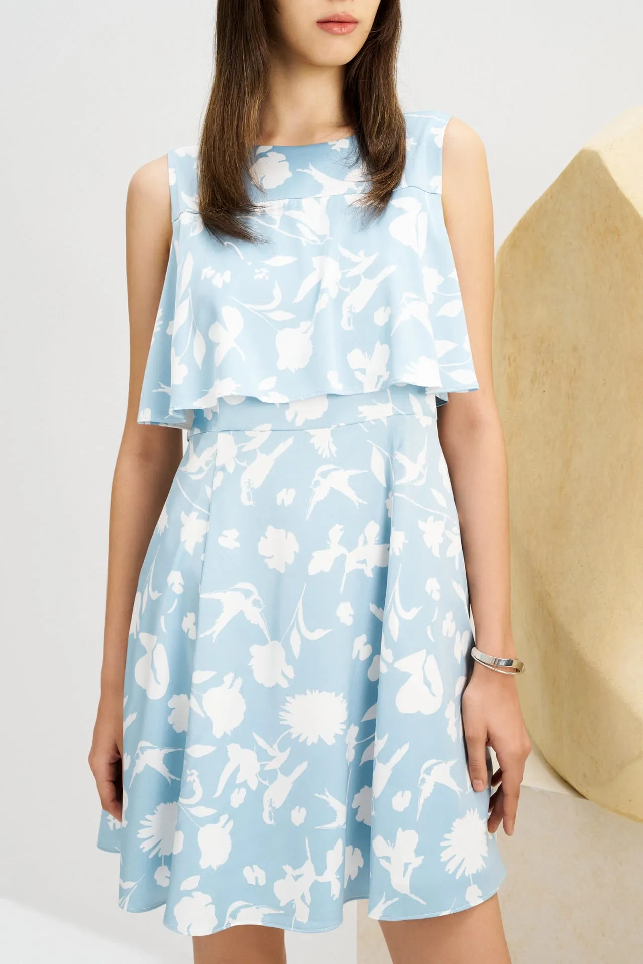 Fit & Flare Monochrome Tropical Print Dress