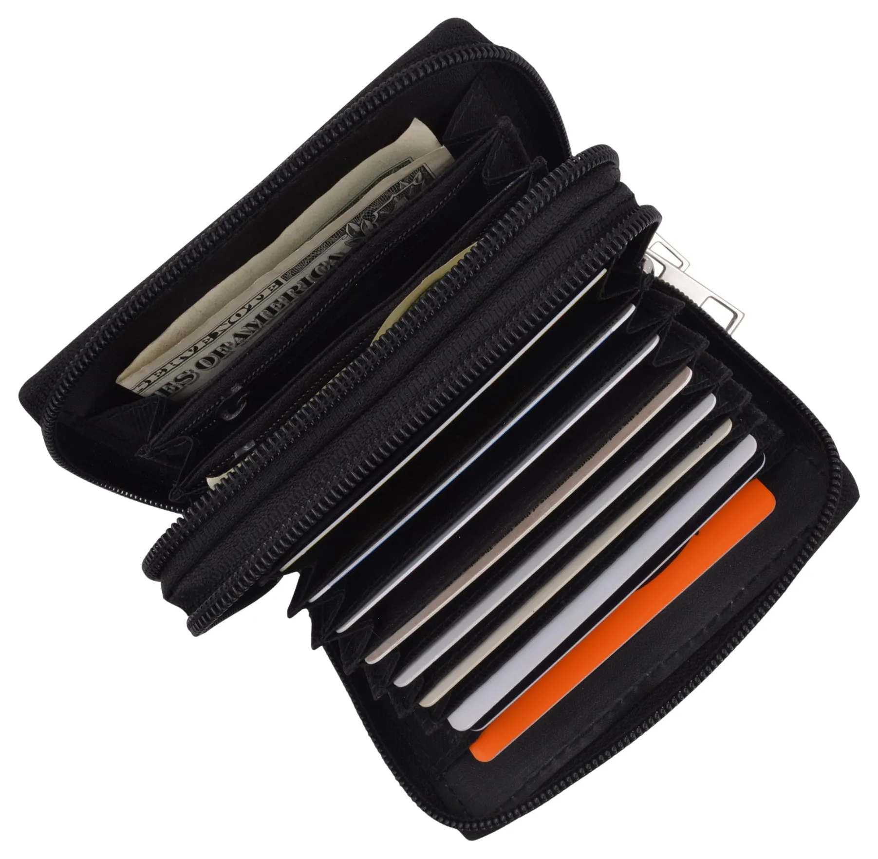 Genuine Leather Credit Card Wallet with Zipper Case Holder Security Travel RFID Blocking
