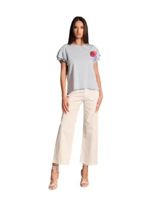 Griffai Maglia girocollo da donna con fiocco e manica corta rouge DGP5159 cielo
