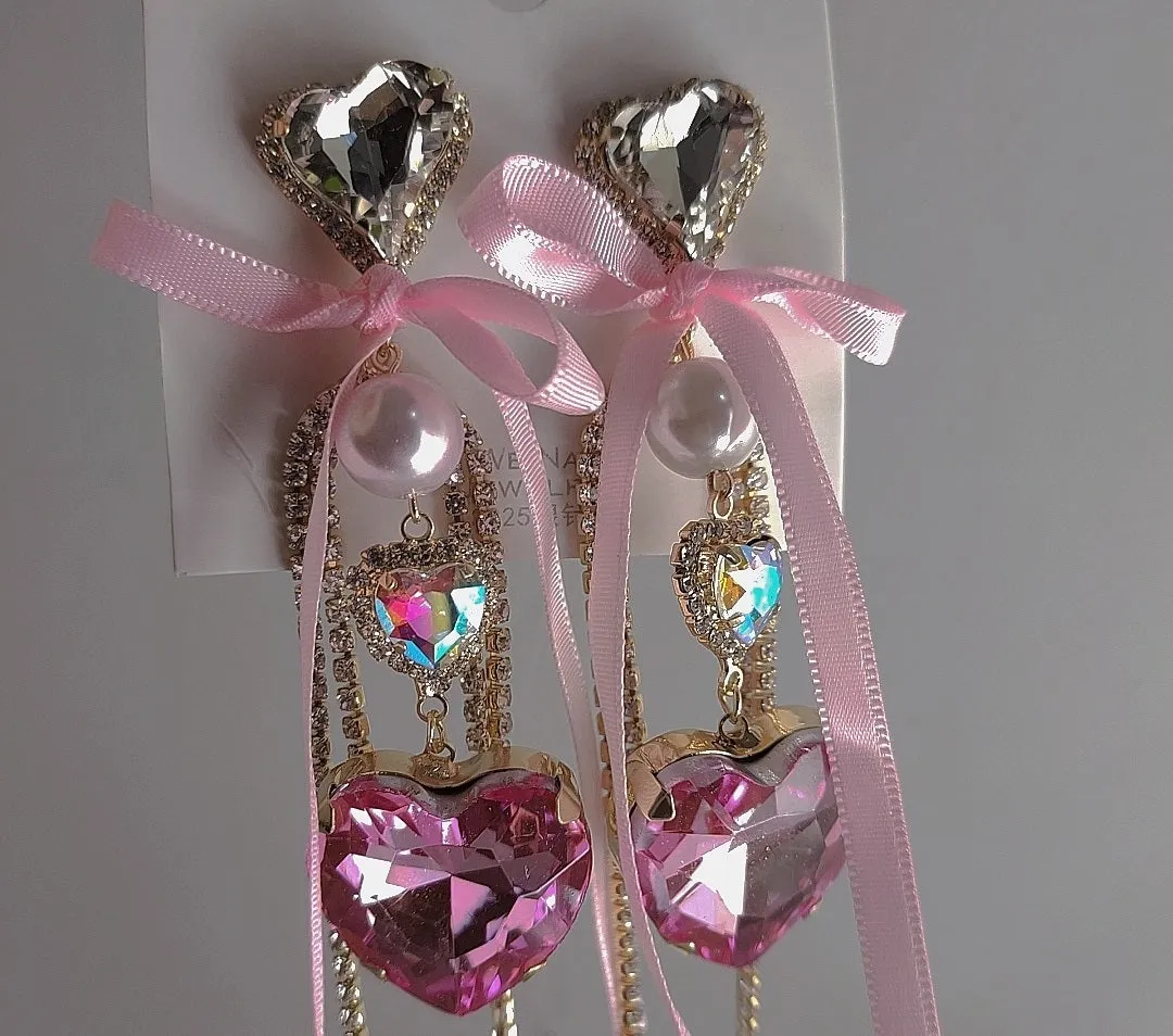 Heart Glittery Love Crystal & Bow Earrings