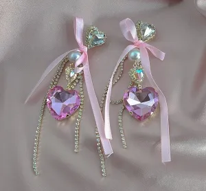 Heart Glittery Love Crystal & Bow Earrings