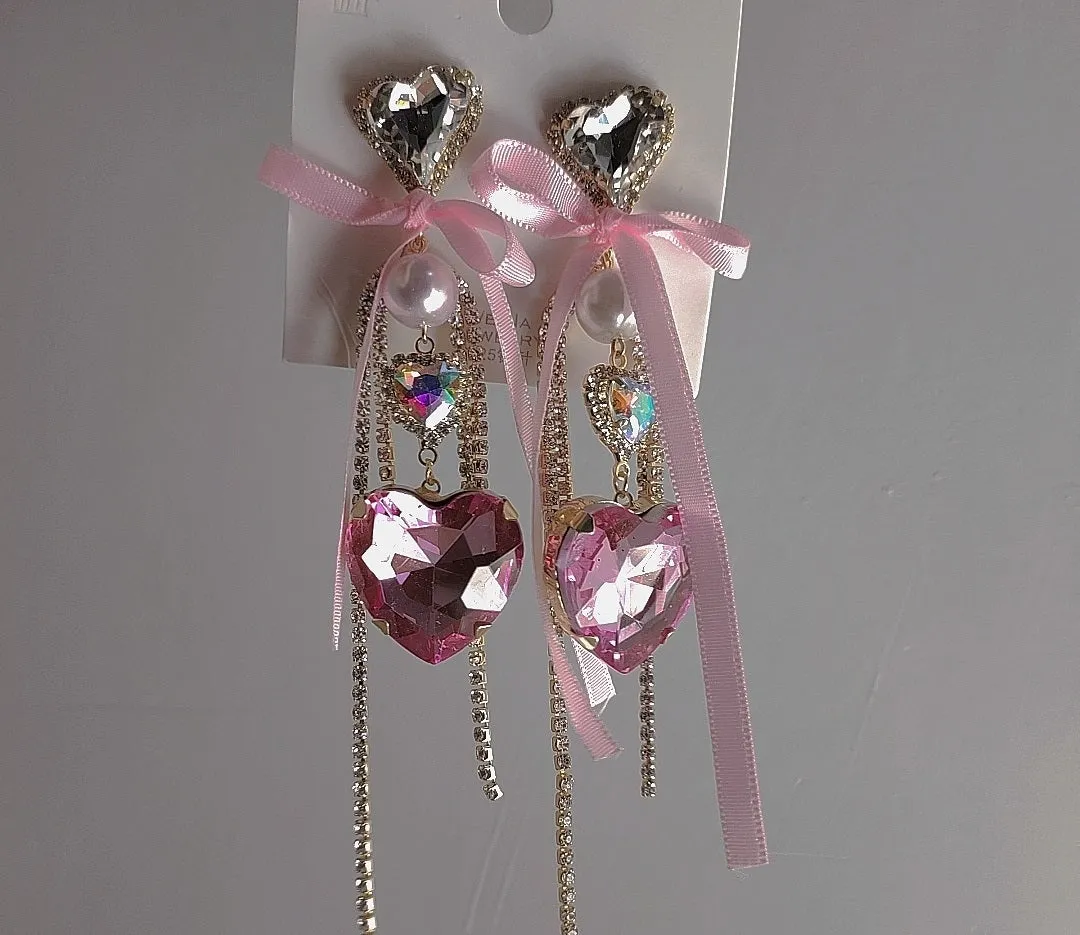 Heart Glittery Love Crystal & Bow Earrings