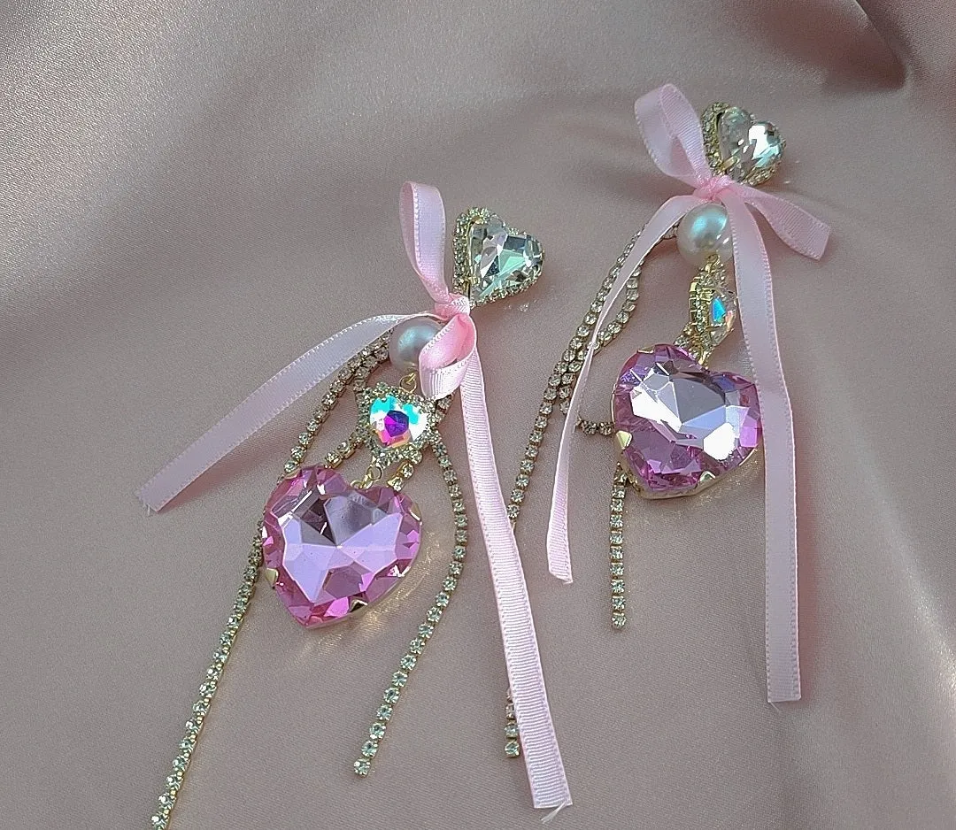 Heart Glittery Love Crystal & Bow Earrings