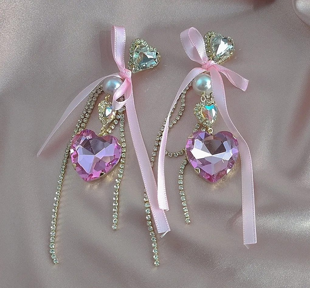 Heart Glittery Love Crystal & Bow Earrings