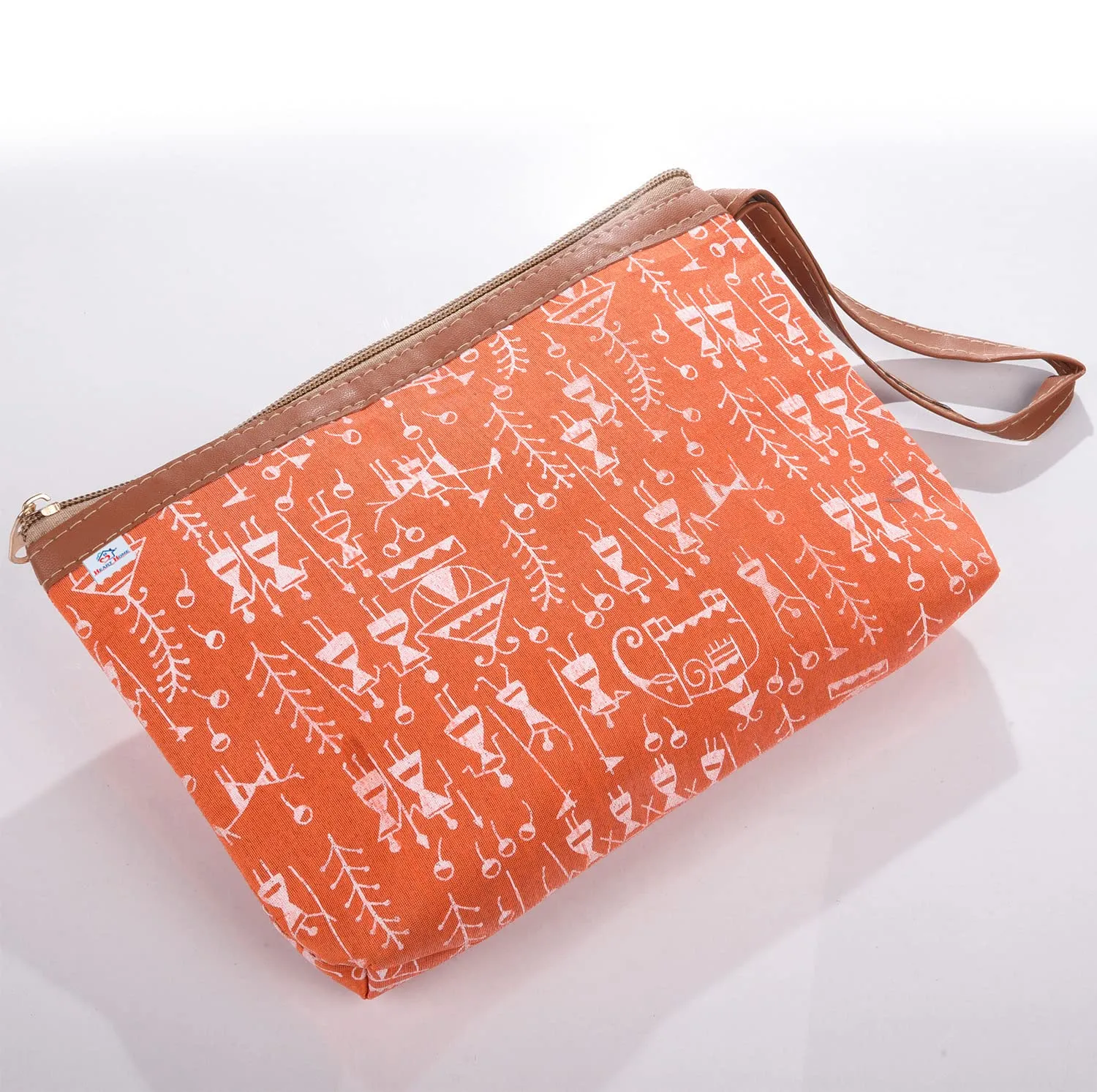 Heart Home Toiletry Pouch|Warli Print Travel Cosmetic Pouch|Canvas Waterproof Makeup Pouch with Handle (Orange)