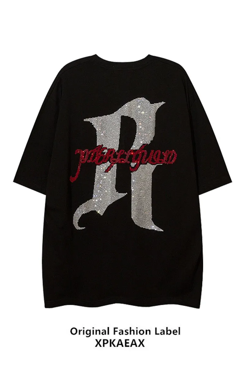 Hot stone t-shirt letter craft loose unisex oversize street couple tee summer