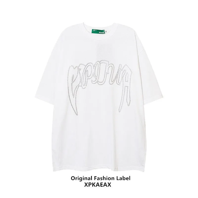 Hot stone t-shirt letter craft loose unisex oversize street couple tee summer