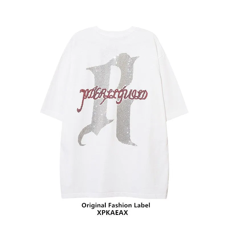 Hot stone t-shirt letter craft loose unisex oversize street couple tee summer