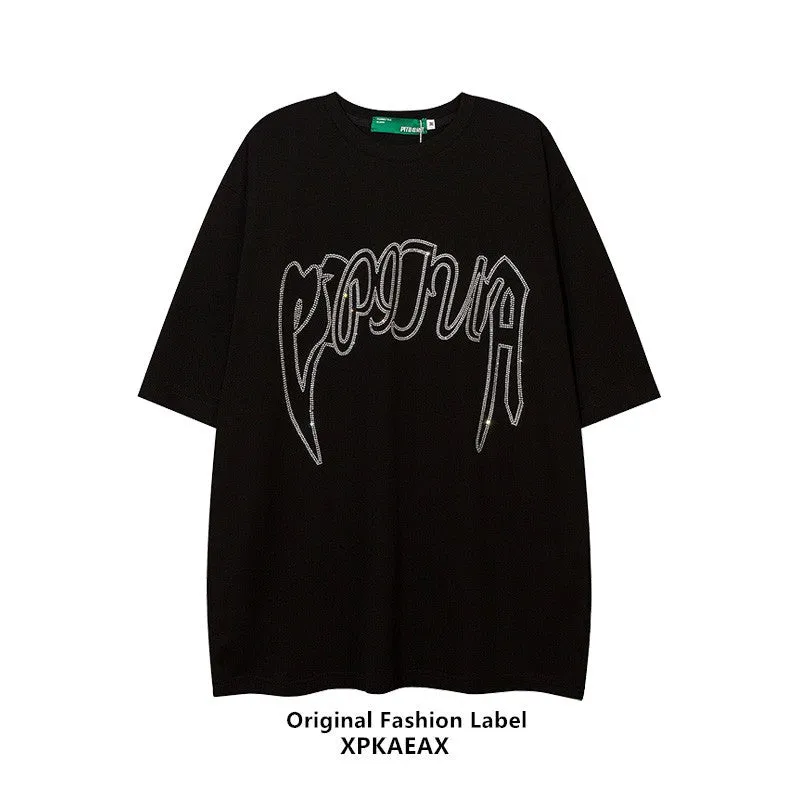 Hot stone t-shirt letter craft loose unisex oversize street couple tee summer