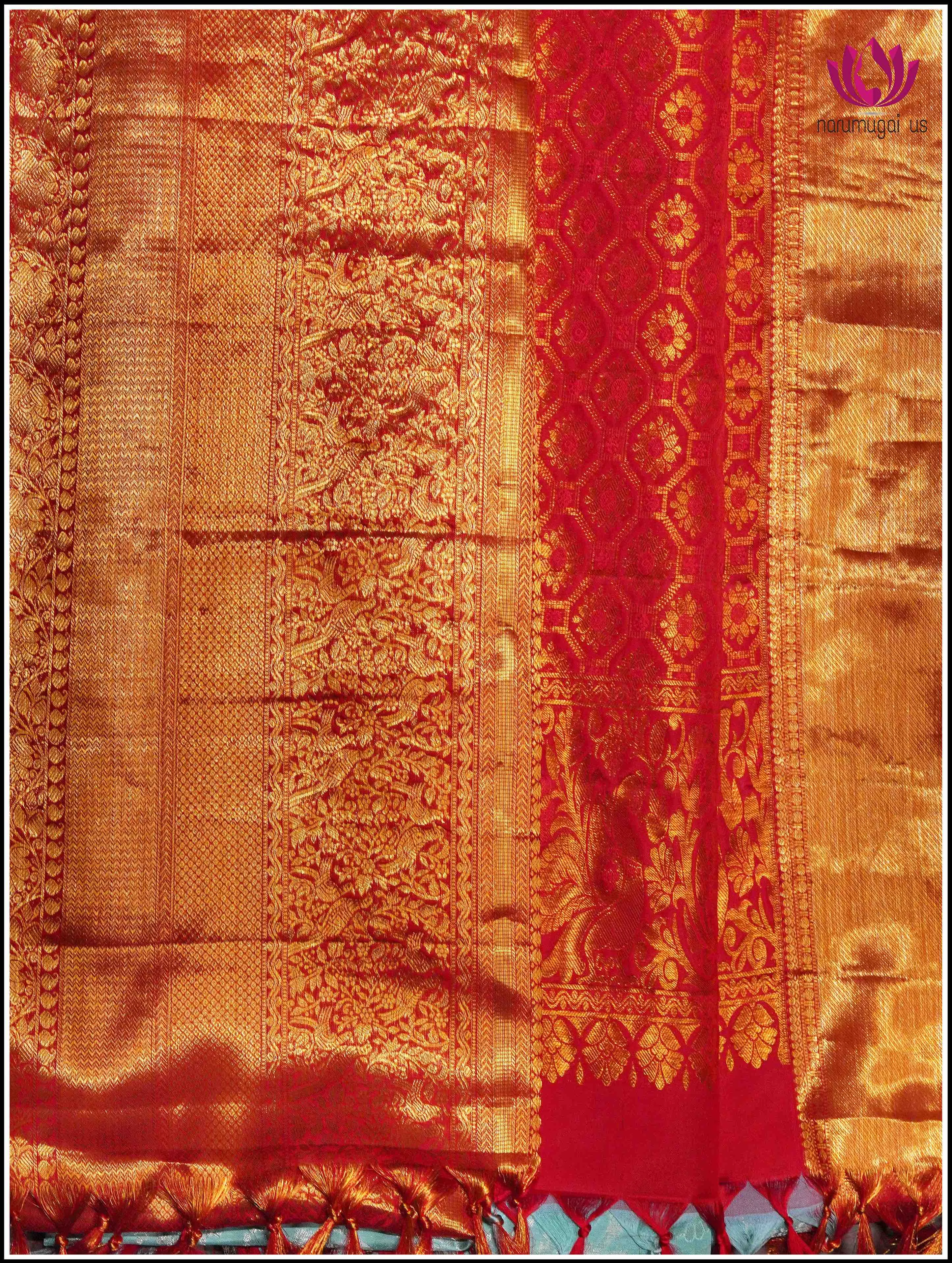 Kanchipuram Silk Saree in Light Green with Red Border with Silver and Gold Zari - Silk Mark Certified
