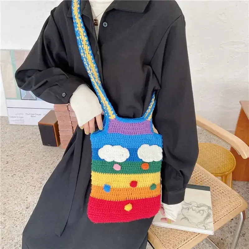 Knitted Rainbow Tote Shoulder Shopping Handbag