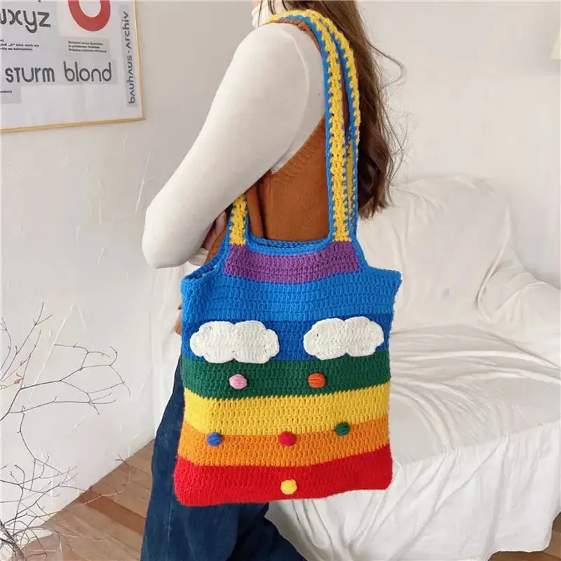 Knitted Rainbow Tote Shoulder Shopping Handbag