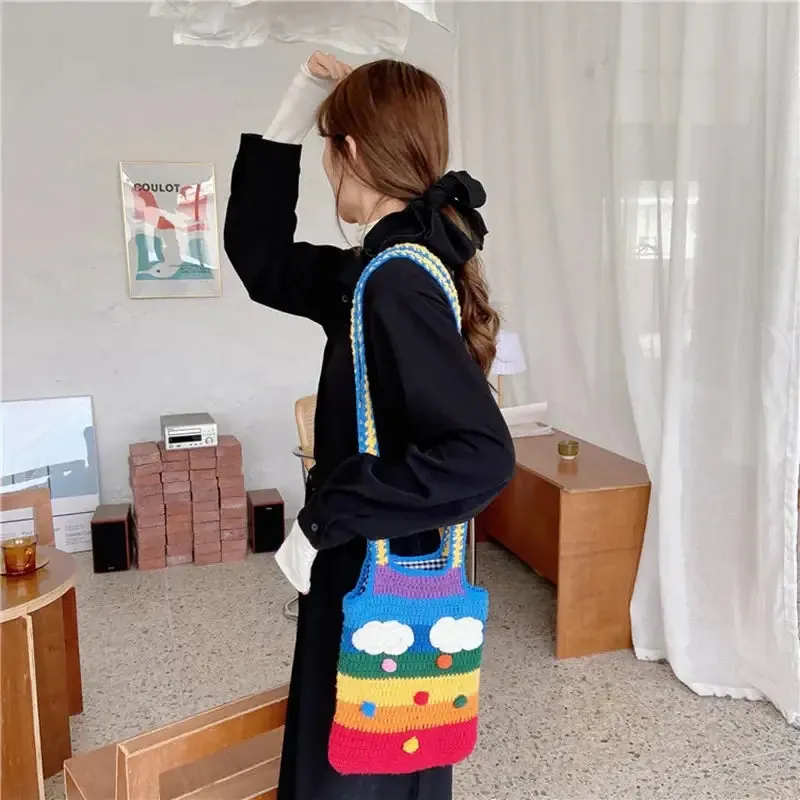 Knitted Rainbow Tote Shoulder Shopping Handbag