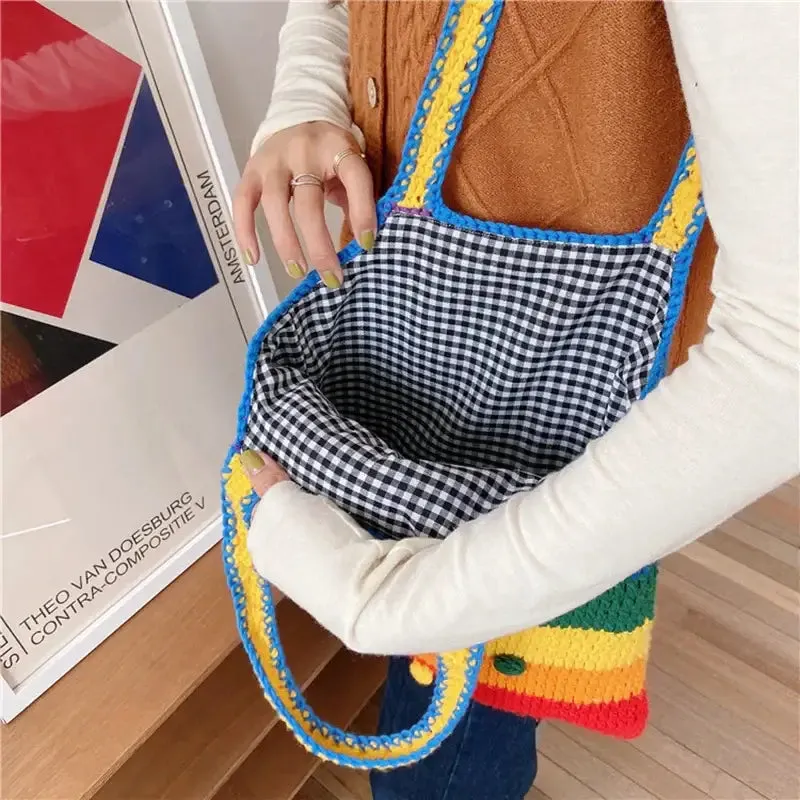 Knitted Rainbow Tote Shoulder Shopping Handbag